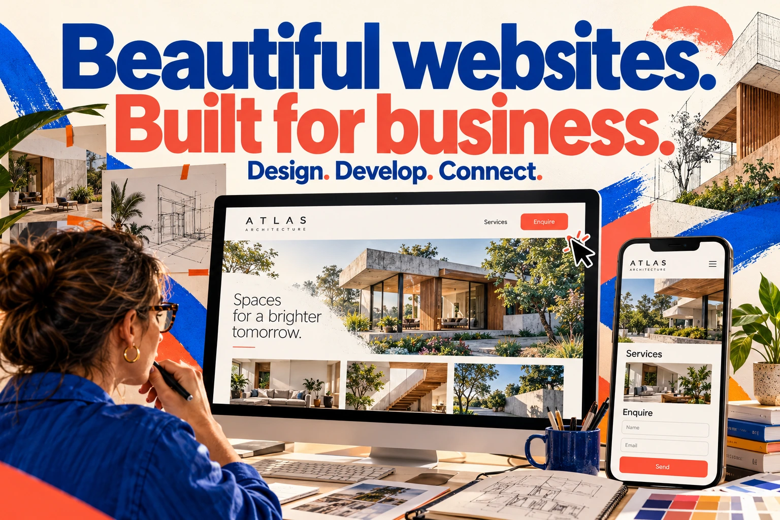 Website design & development. Design. Develop. Connect. Beautiful websites. Built for business. Desktop and mobile website designs with a clear route to a business enquiry.